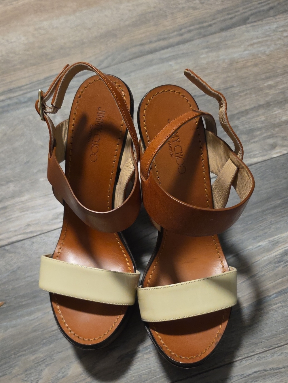 Jimmy Choo Brown and Cream Leather Ankle Strap Sandals